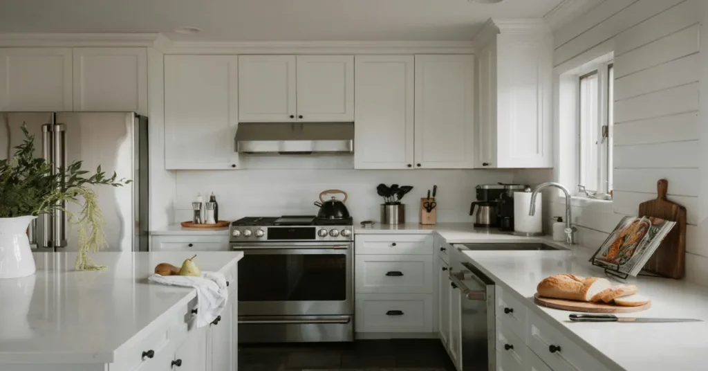A bright, modern apartment kitchen with clean white cabinets, white quartz countertops, stainless steel appliances, and empty counter space perfect for a compact air fryer.