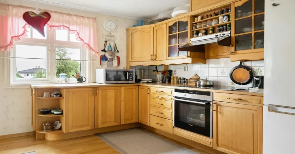 A silver compact countertop microwave sitting neatly in the corner of a cozy kitchen with light wooden cabinets.