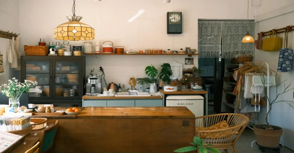 A cozy, retro-style studio apartment kitchen featuring a white Galanz mini fridge tucked neatly under a light-blue counter next to a wooden island, a rattan chair, and warm vintage lighting.