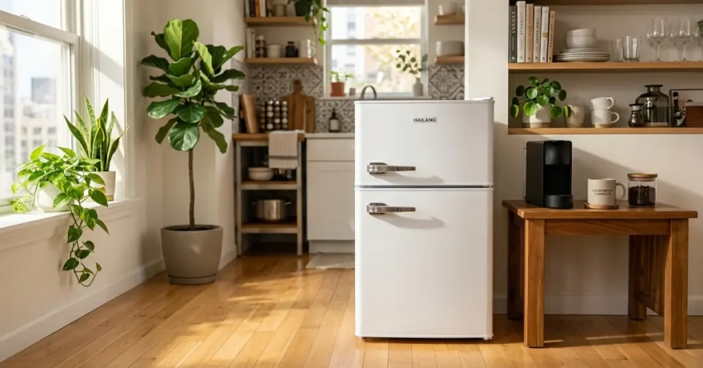 A white 3.2 Cu. Ft. two-door mini fridge with metallic handles sitting on a hardwood floor in a sunlit studio apartment kitchen surrounded by houseplants.
