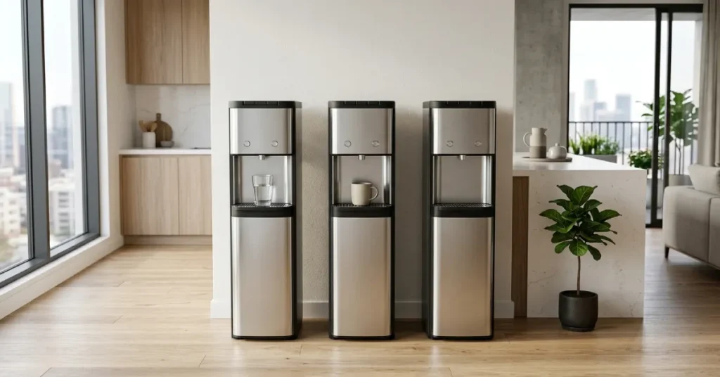Three sleek, unbranded stainless steel floor water dispensers standing side by side against a wall in a bright, modern minimalist apartment kitchen.