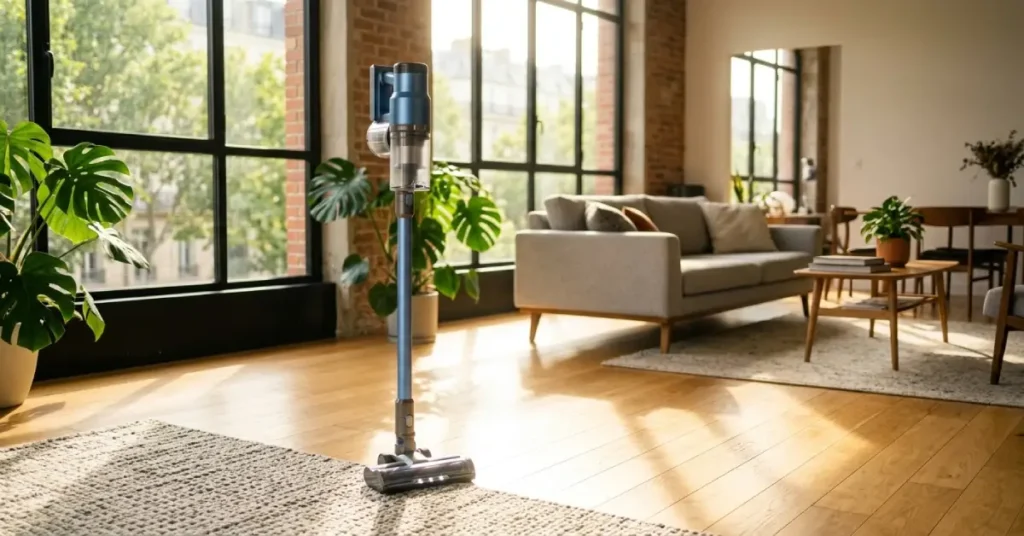 Cordless stick vacuum cleaner standing in a bright small apartment living room on hardwood floor