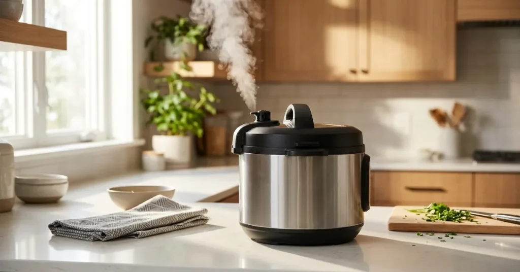 A 3-quart electric pressure cooker releases a gentle plume of white steam from its top lid valve, sitting on a bright quartz kitchen countertop under natural morning sunlight.