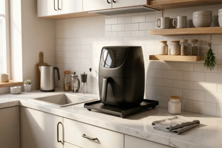 A black air fryer resting on a heat-resistant appliance sliding mat atop a clean white kitchen countertop.
