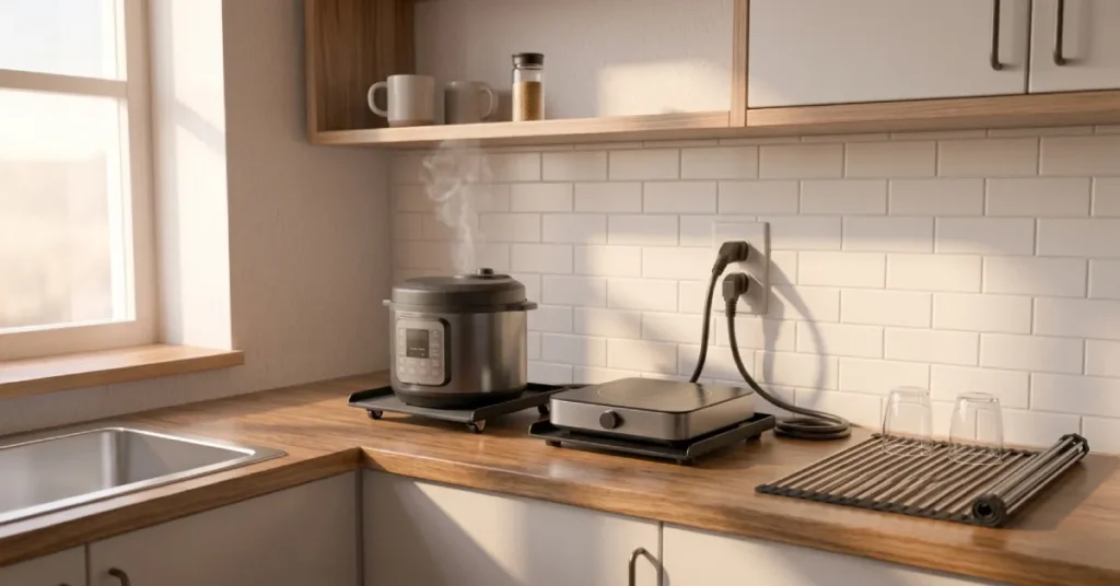 A neatly organized small apartment kitchen counter featuring a mini electric pressure cooker and induction burner on rolling slider trays next to a roll-up drying rack.