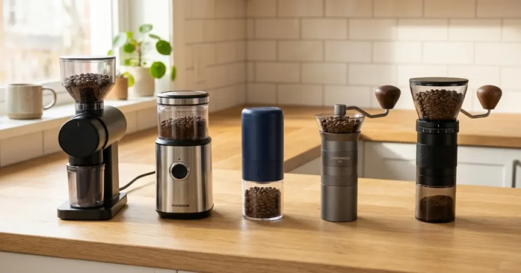 Small Coffee Grinders for Apartments: Electric vs. Manual A neat lineup of five compact coffee grinders on a light oak kitchen countertop, showing a matte black electric conical burr grinder, a stainless steel electric spice grinder, a cordless electric grinder, and two grey and black manual hand grinders side-by-side.