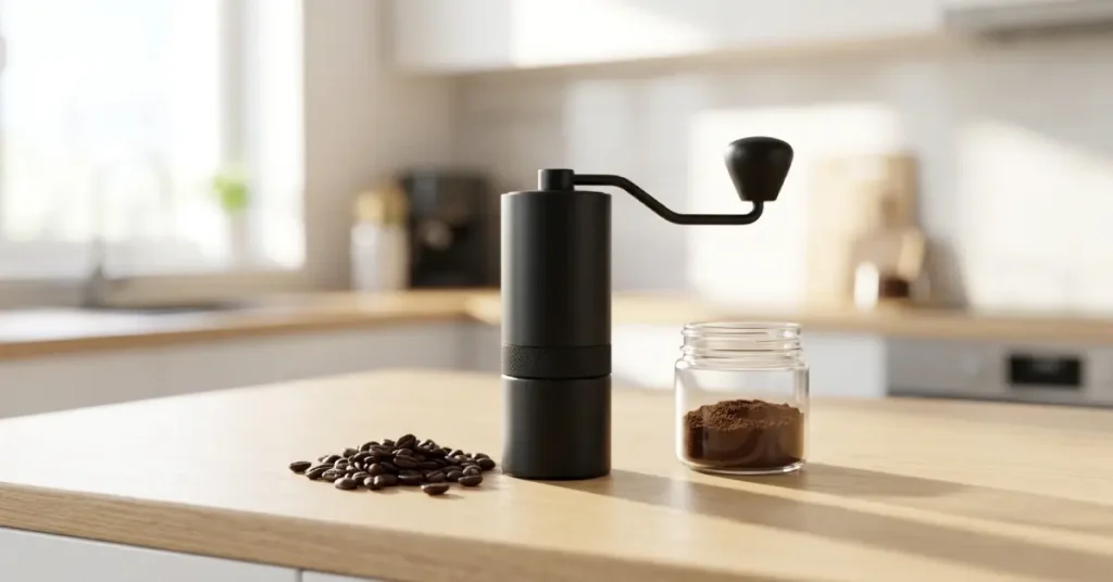 Best Compact Manual Coffee Grinders for Small Spaces A matte black manual hand coffee grinder standing on a light wooden countertop next to a small heap of whole coffee beans and a glass jar filled with freshly ground coffee.