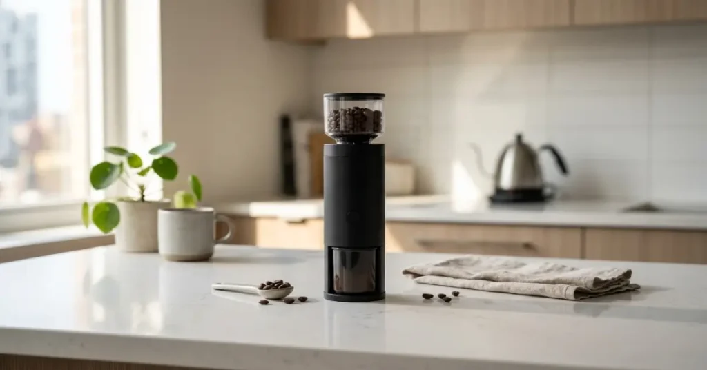 Best Compact Electric Coffee Grinders for Small Kitchens A sleek, ultra-compact matte-black electric coffee grinder sitting on a white quartz kitchen counter with a clear bean hopper filled with roasted coffee beans.